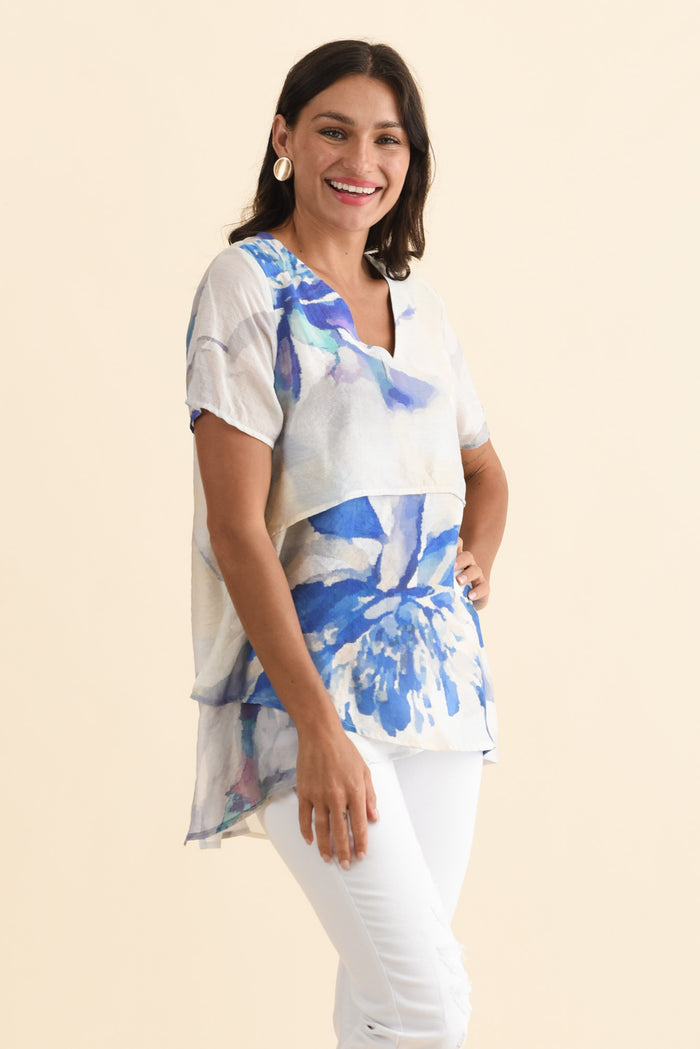 Alvina Blue Flower Layered Tunic Top,Brunette model,alt text|model:Brontie