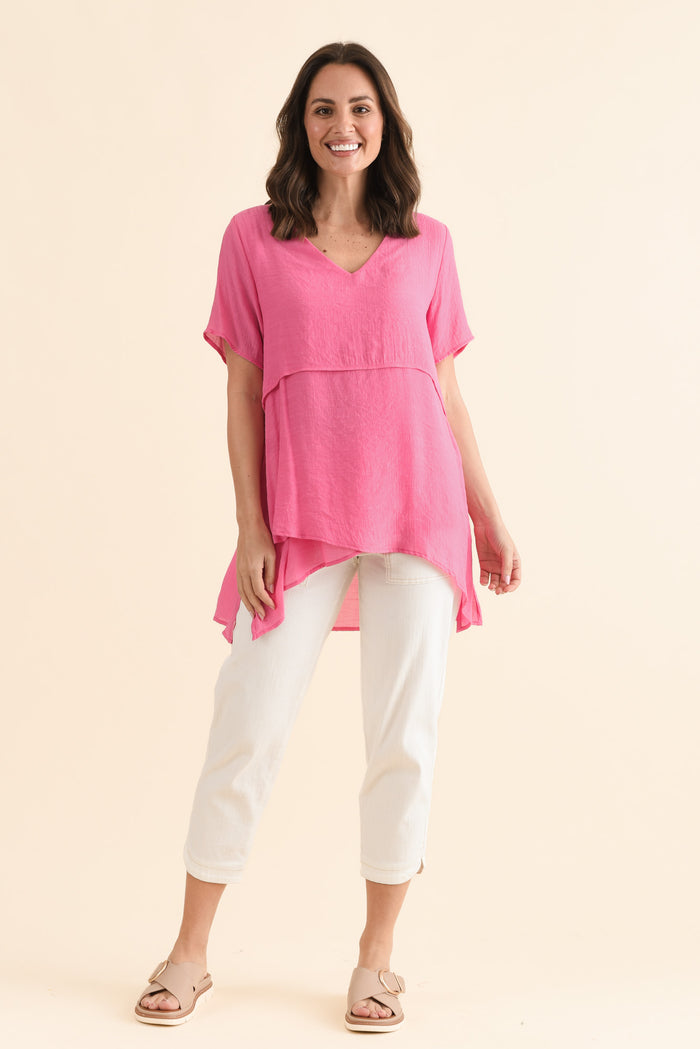 Alvina Candy Pink Layered Tunic Top,Full Body,Brunette model,alt text|model:MJ