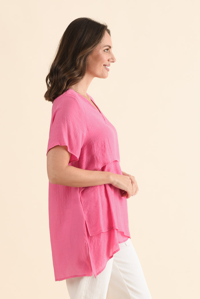 Alvina Candy Pink Layered Tunic Top,Side,Brunette model,alt text|model:MJ