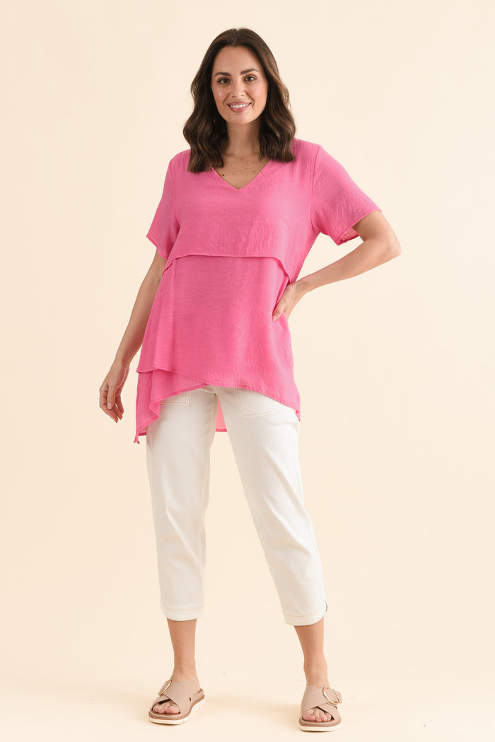 Alvina Candy Pink Layered Tunic Top,Full Body,Brunette model,alt text|model:MJ