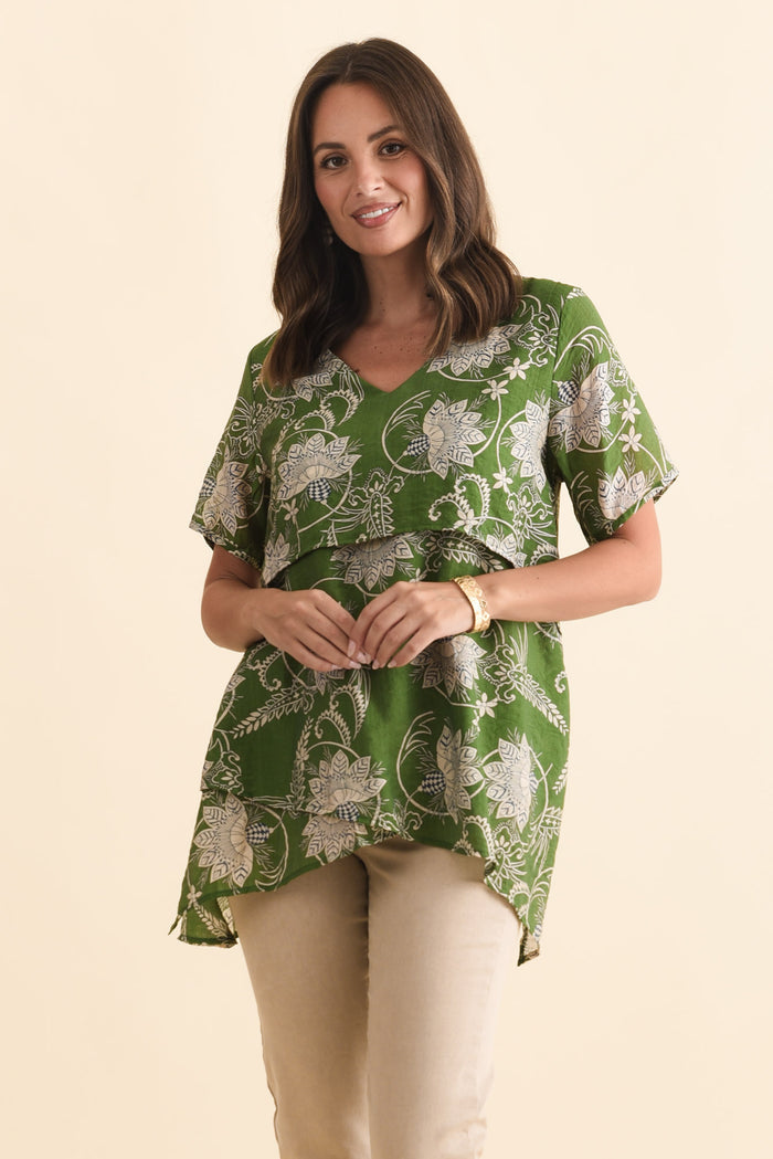 Alvina Green Floral Layered Tunic Top,Brunette model,alt text|model:MJ
