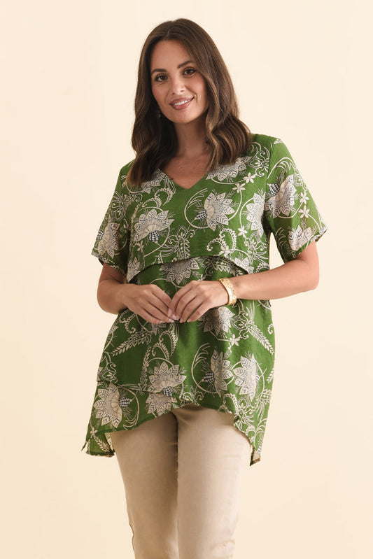 Alvina Green Floral Layered Tunic Top,Brunette model,alt text|model:MJ