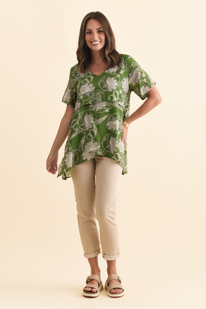 Alvina Green Floral Layered Tunic Top,Brunette model,alt text|model:MJ