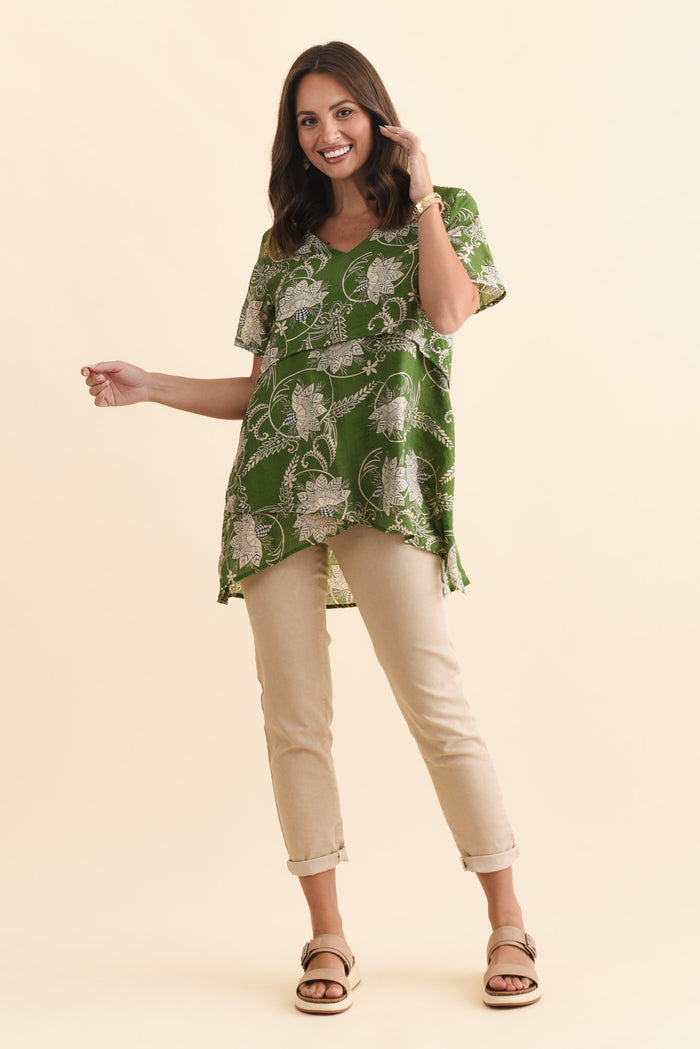 Alvina Green Floral Layered Tunic Top,Brunette model,alt text|model:MJ