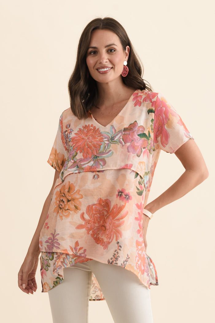 Alvina Orange Garden Layered Tunic Top,Brunette model,alt text|model:MJ