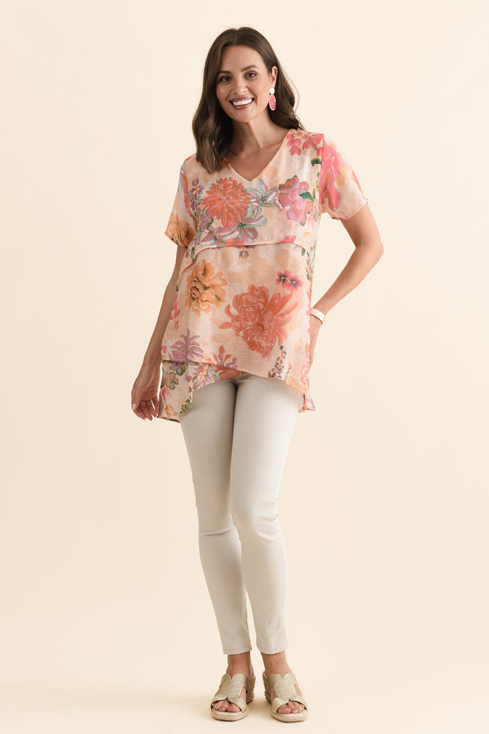 Alvina Orange Garden Layered Tunic Top,Brunette model,alt text|model:MJ
