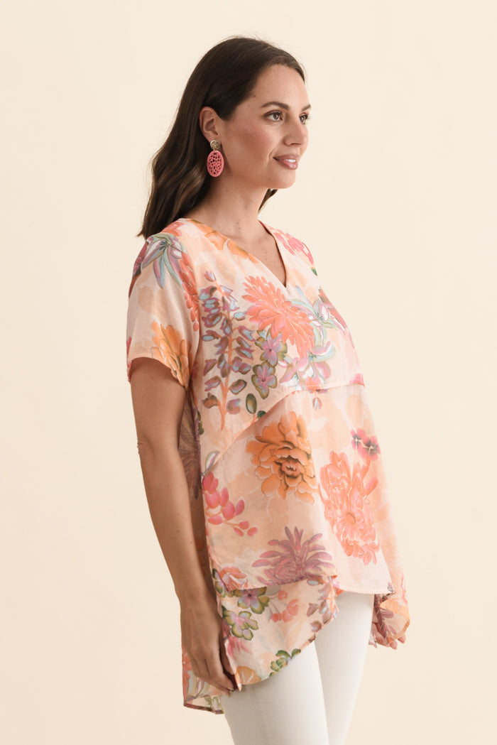 Alvina Orange Garden Layered Tunic Top,Brunette model,alt text|model:MJ