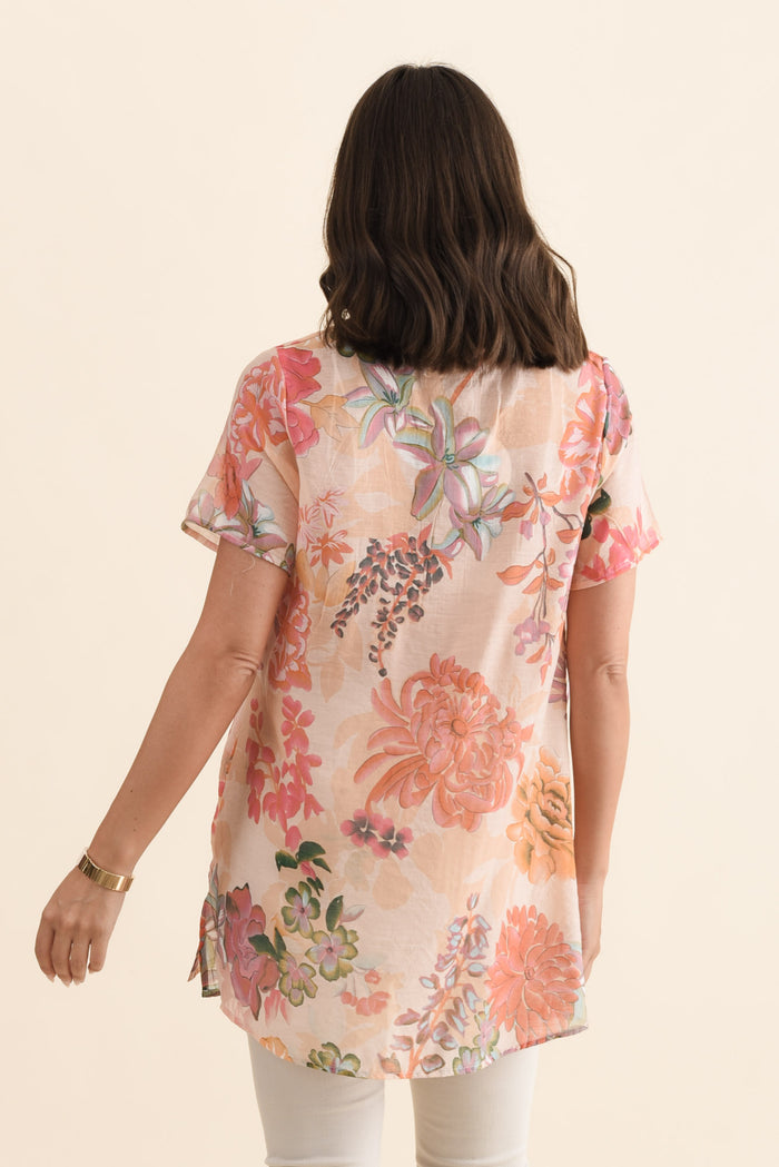 Alvina Orange Garden Layered Tunic Top,Brunette model,alt text|model:MJ