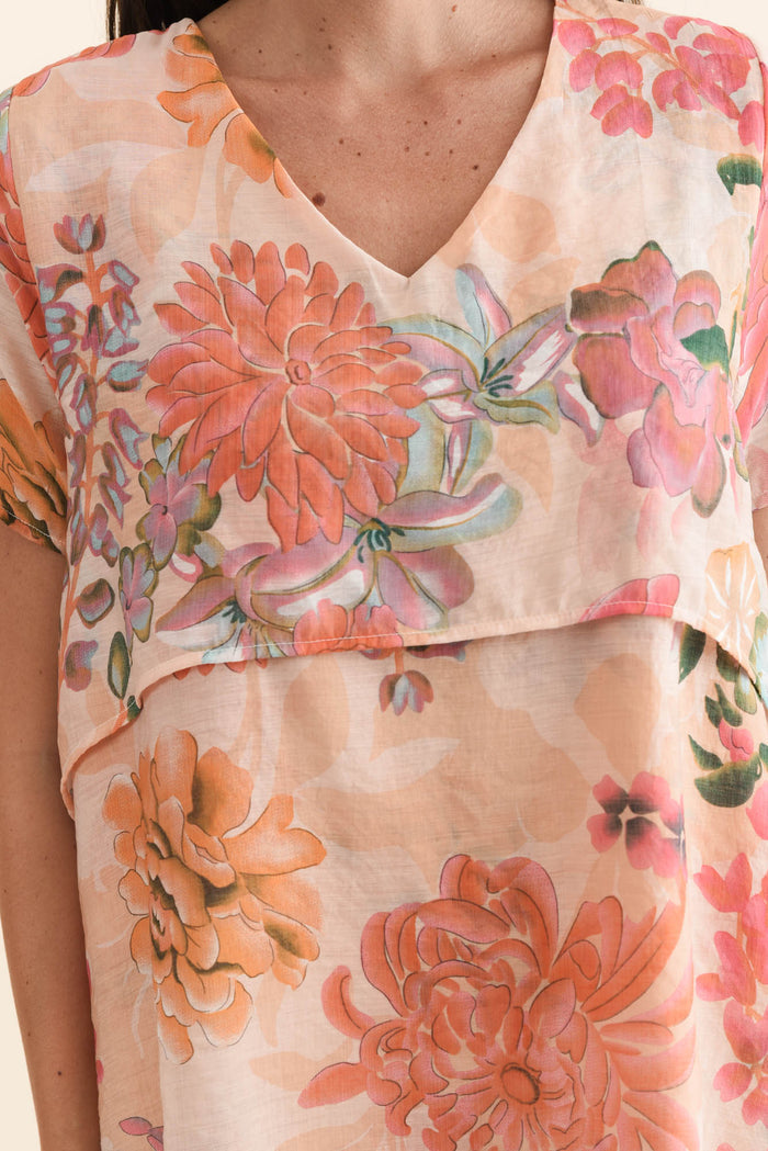 Alvina Orange Garden Layered Tunic Top,Brunette model,alt text|model:MJ
