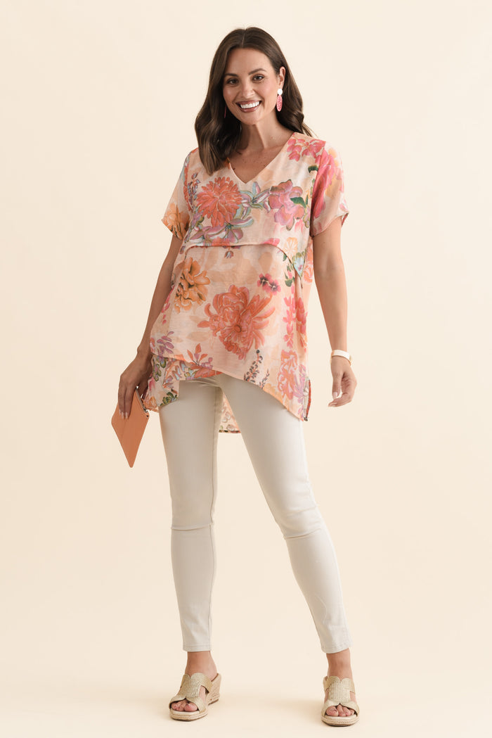 Alvina Orange Garden Layered Tunic Top,Brunette model,alt text|model:MJ