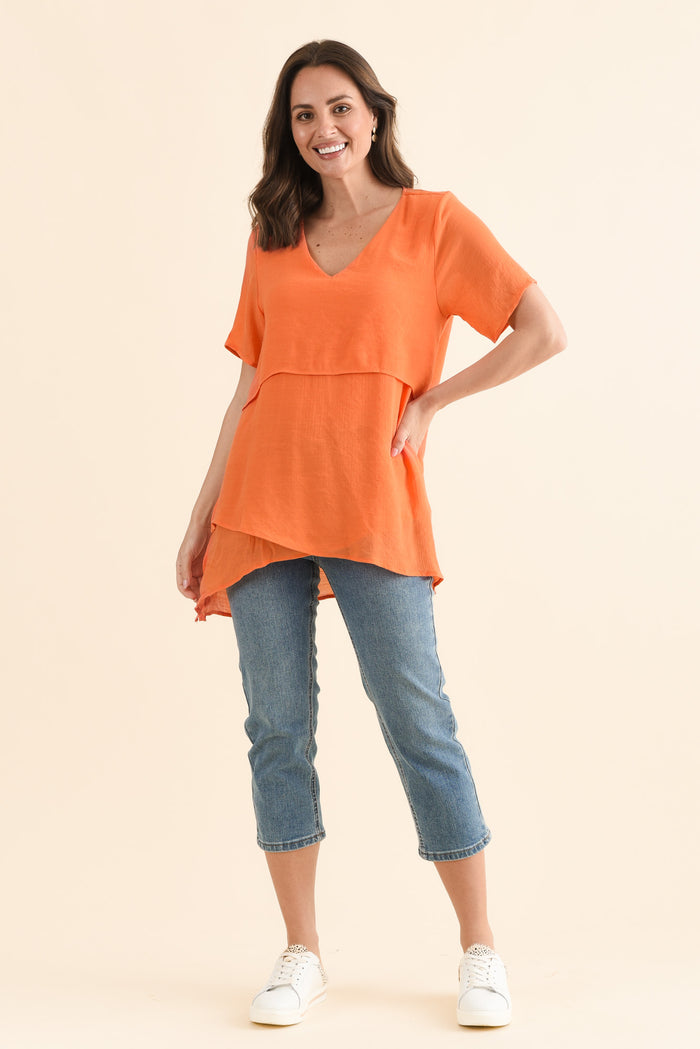 Alvina Orange Layered Tunic Top,Full Body,Brunette model,alt text|model:MJ