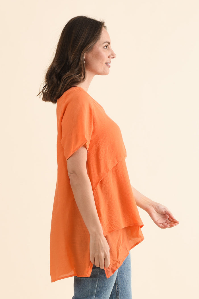 Alvina Orange Layered Tunic Top,Side,Brunette model,alt text|model:MJ