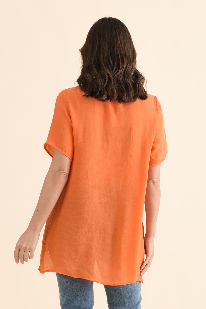 Alvina Orange Layered Tunic Top,Back,Brunette model,alt text|model:MJ