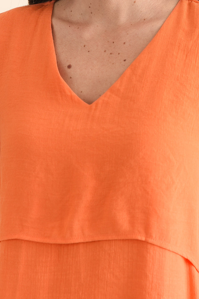 Alvina Orange Layered Tunic Top,Detail,Brunette model,alt text|model:MJ