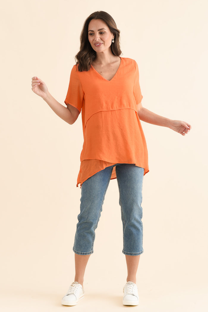 Alvina Orange Layered Tunic Top,Full Body,Brunette model,alt text|model:MJ