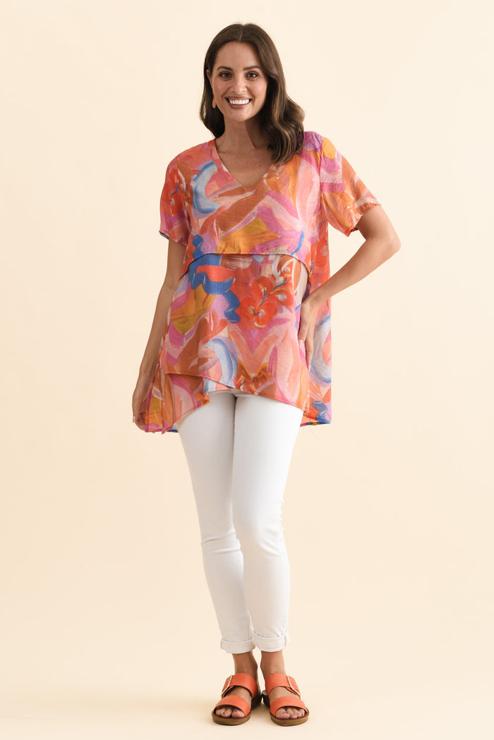 Alvina Rust Abstract Layered Tunic Top,Brunette model,alt text|model:MJ