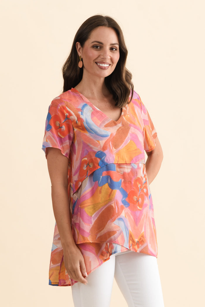 Alvina Rust Abstract Layered Tunic Top,Brunette model,alt text|model:MJ
