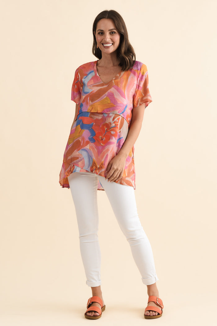 Alvina Rust Abstract Layered Tunic Top,Brunette model,alt text|model:MJ