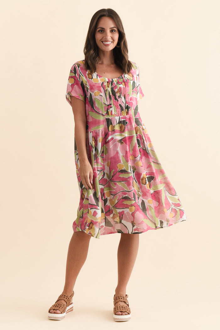 Alysse Pink Botanical Pocket Dress,Brunette model,alt text|model:MJ