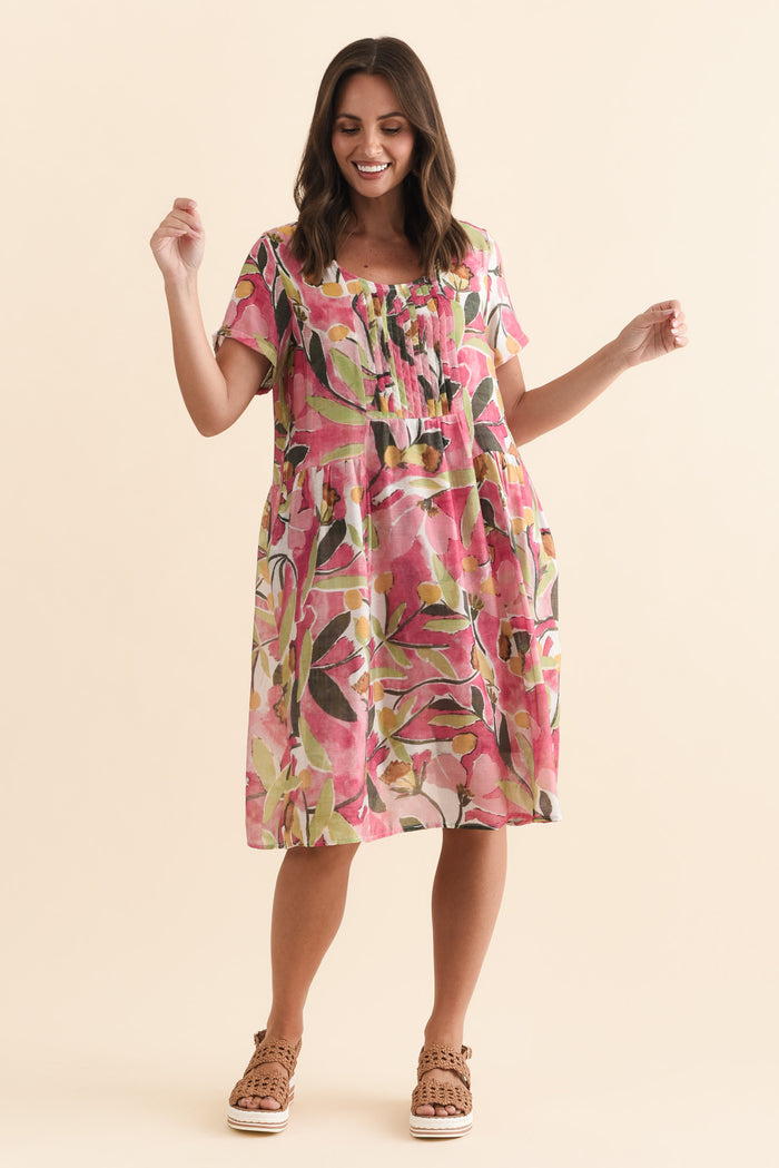 Alysse Pink Botanical Pocket Dress,Brunette model,alt text|model:MJ