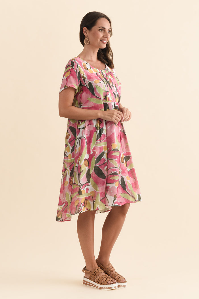 Alysse Pink Botanical Pocket Dress,Brunette model,alt text|model:MJ