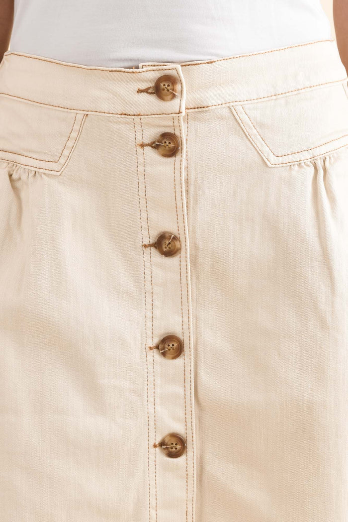 Amanda Ivory Stretch Denim Skirt,Detail,Brunette model,alt text|model:Cara