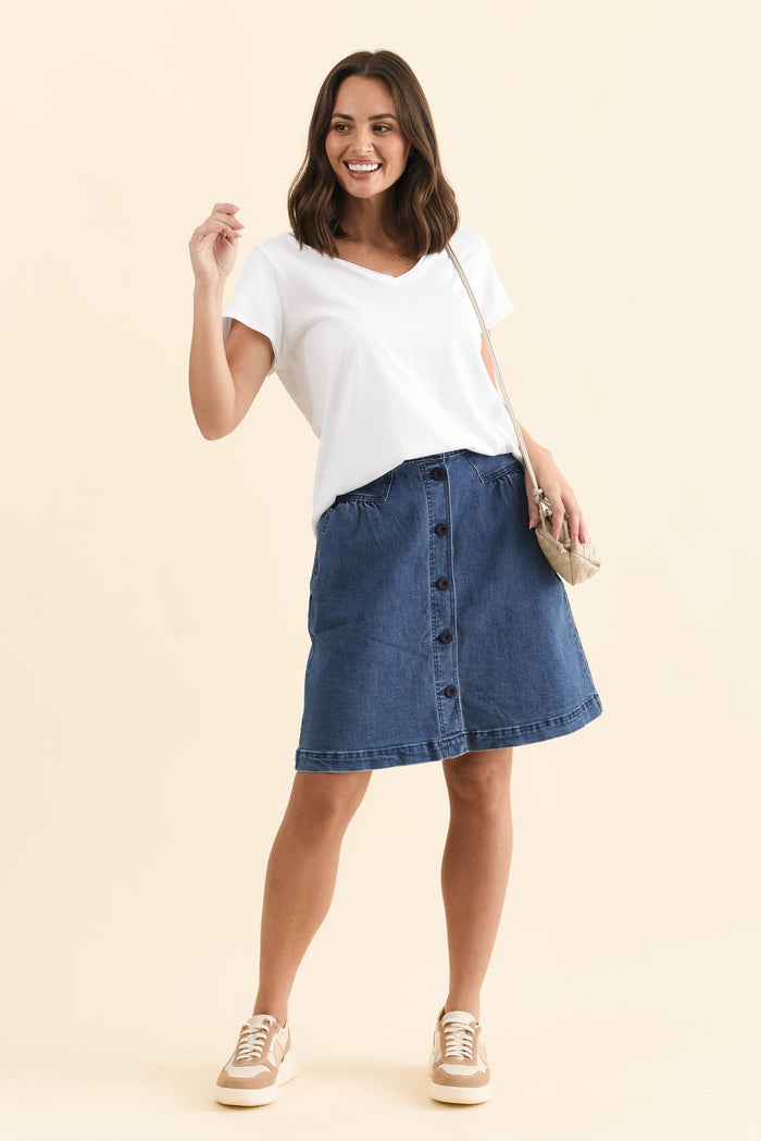 Amanda Light Blue Stretch Denim Skirt,Full Body,Brunette model,alt text|model:MJ