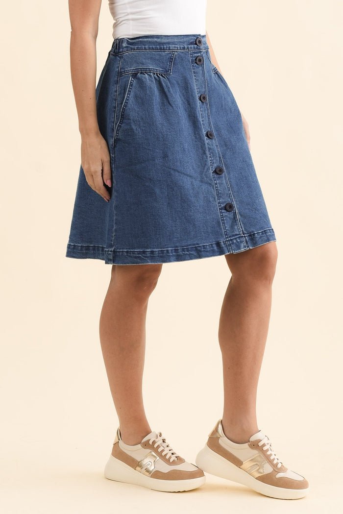 Amanda Light Blue Stretch Denim Skirt,Side,Brunette model,alt text|model:MJ