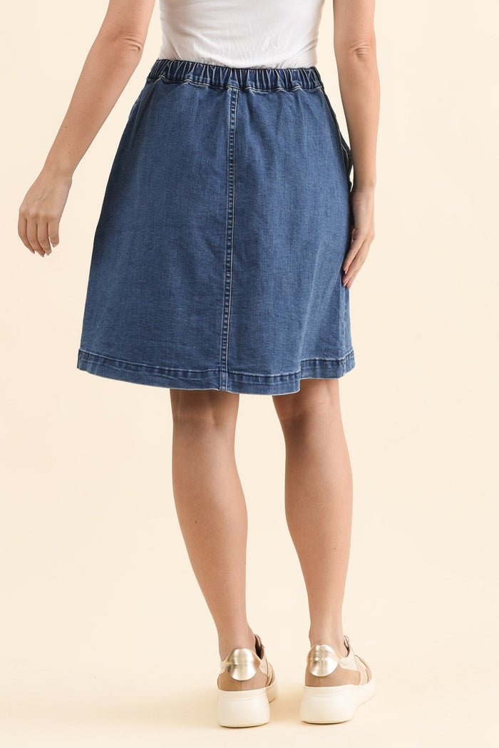 Amanda Light Blue Stretch Denim Skirt,Back,Brunette model,alt text|model:MJ