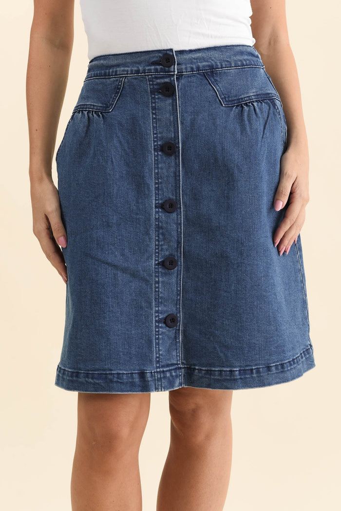 Amanda Light Blue Stretch Denim Skirt,Detail,Brunette model,alt text|model:MJ