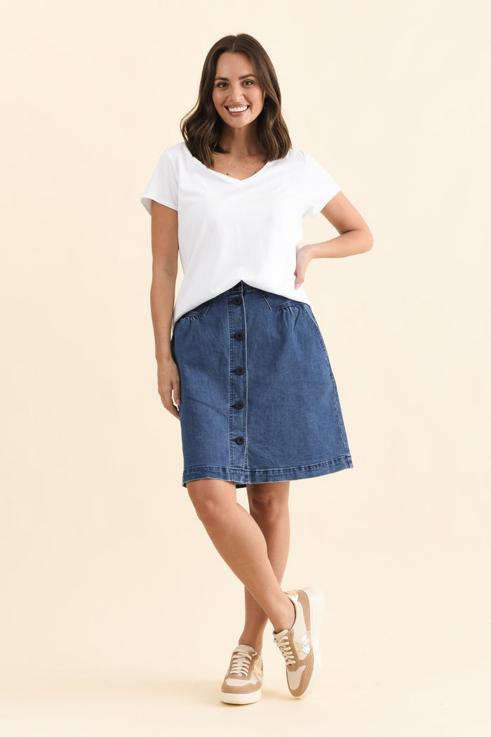Amanda Light Blue Stretch Denim Skirt,Full Body,Brunette model,alt text|model:MJ