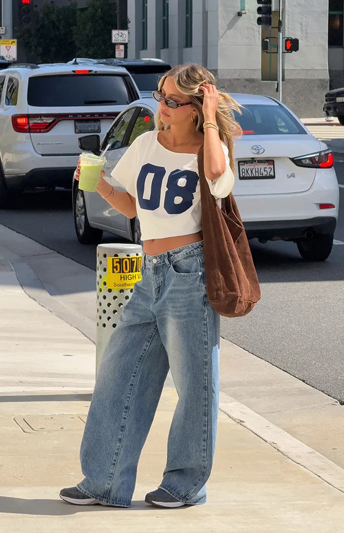 Amelie White Printed Off Shoulder Oversized Tee