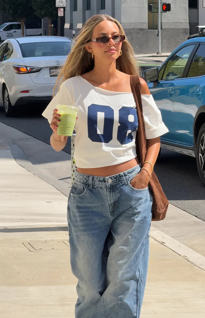 Amelie White Printed Off Shoulder Oversized Tee