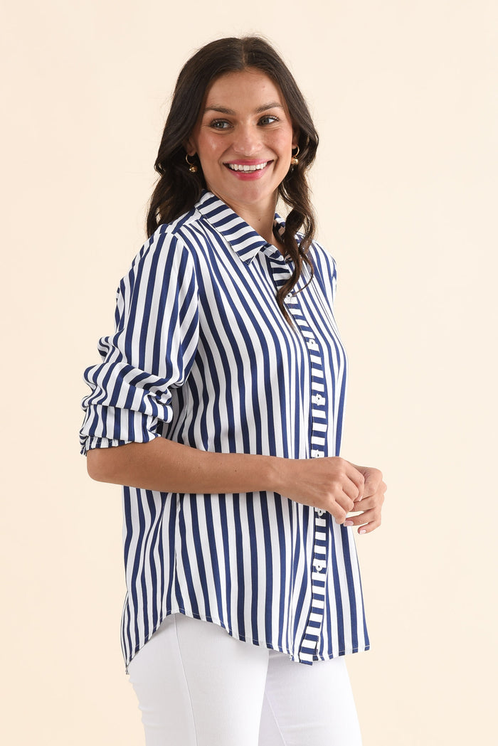 Amour Navy Stripe Puff Sleeve Shirt,Side,Brunette model,alt text|model:Brontie