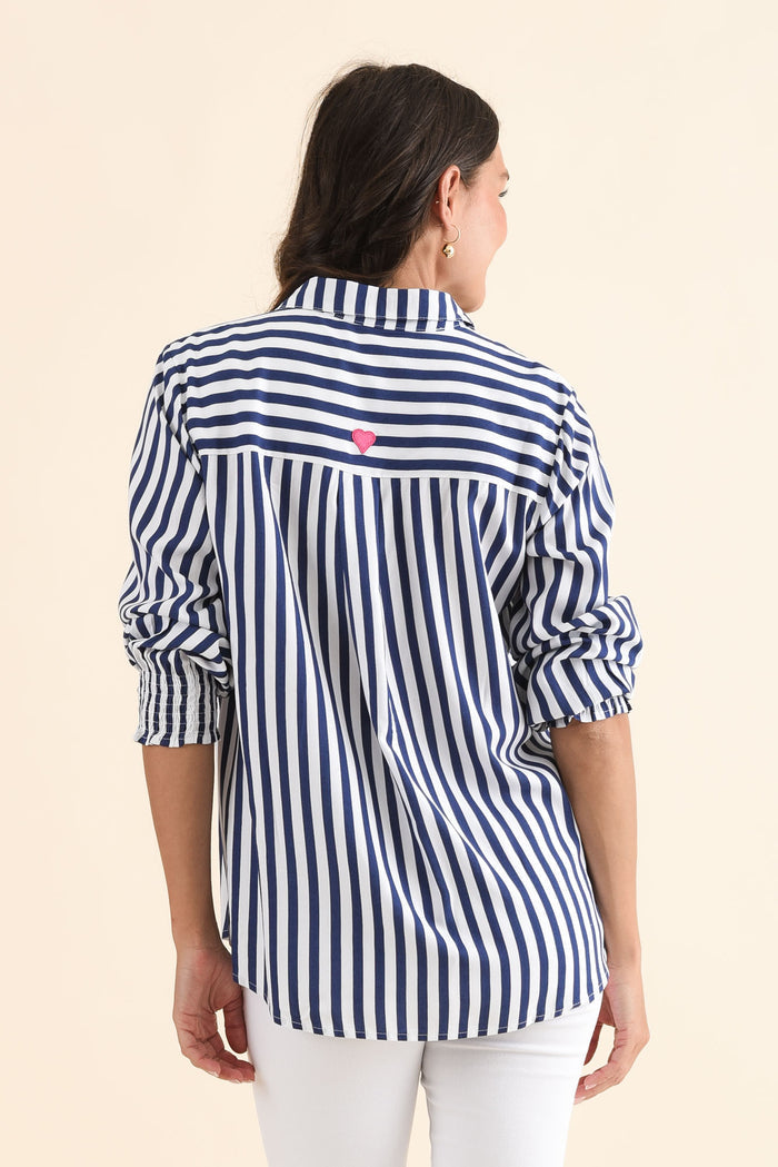 Amour Navy Stripe Puff Sleeve Shirt,Back,Brunette model,alt text|model:Brontie