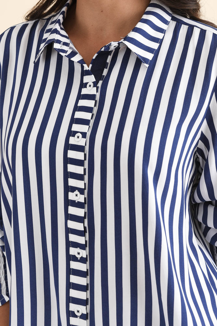 Amour Navy Stripe Puff Sleeve Shirt,Detail,Brunette model,alt text|model:Brontie
