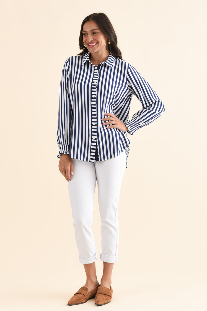 Amour Navy Stripe Puff Sleeve Shirt,Full Body,Brunette model,alt text|model:Brontie