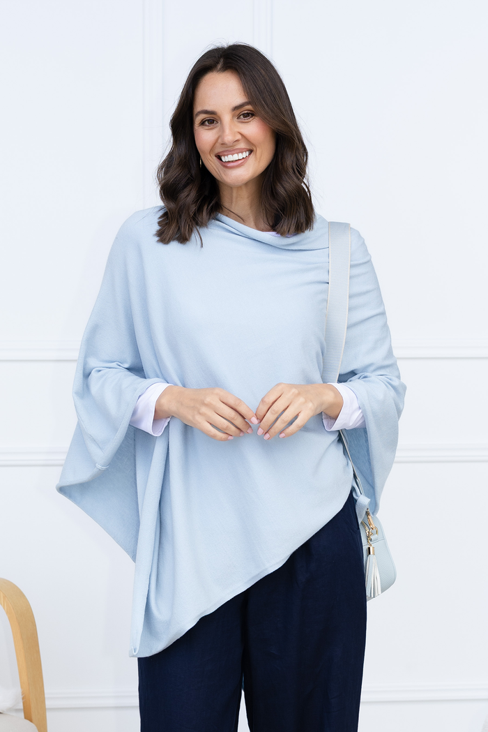 Amy Sky Blue Wool Blend Poncho,Brunette model,Lifestyle