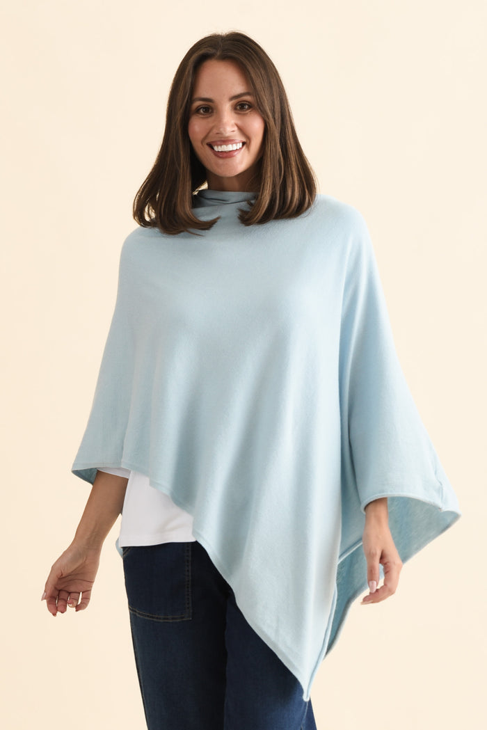 Amy Sky Blue Wool Blend Poncho,Brunette model,alt text|model:MJ