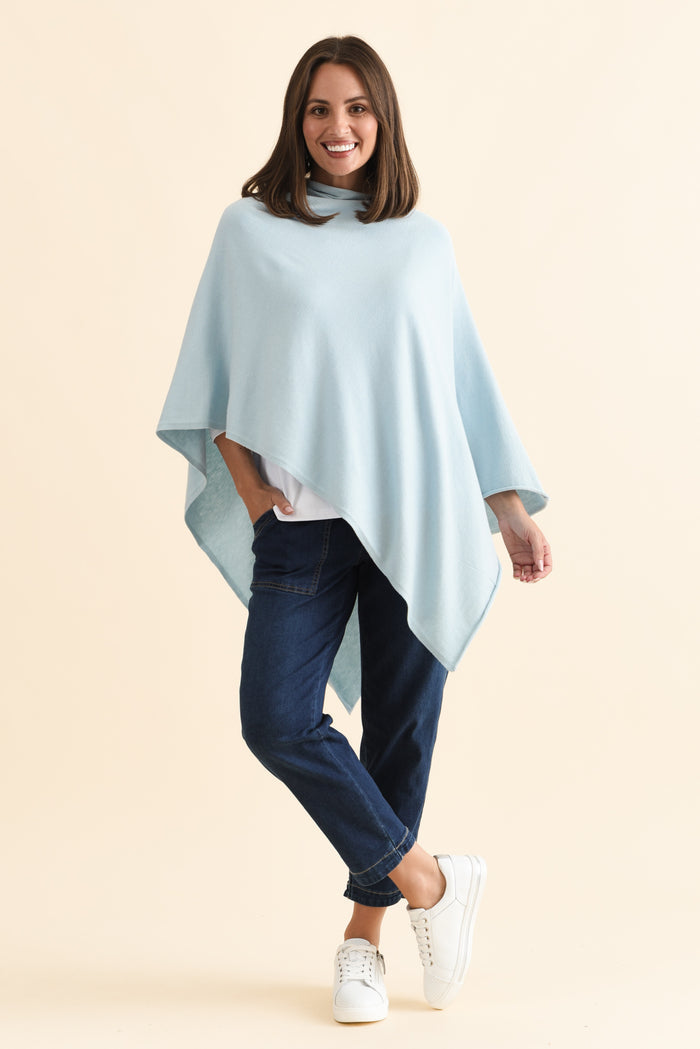 Amy Sky Blue Wool Blend Poncho,Brunette model,alt text|model:MJ