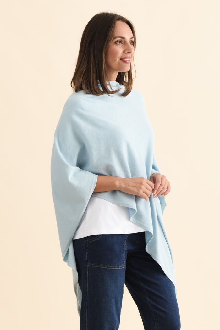 Amy Sky Blue Wool Blend Poncho,Brunette model,alt text|model:MJ