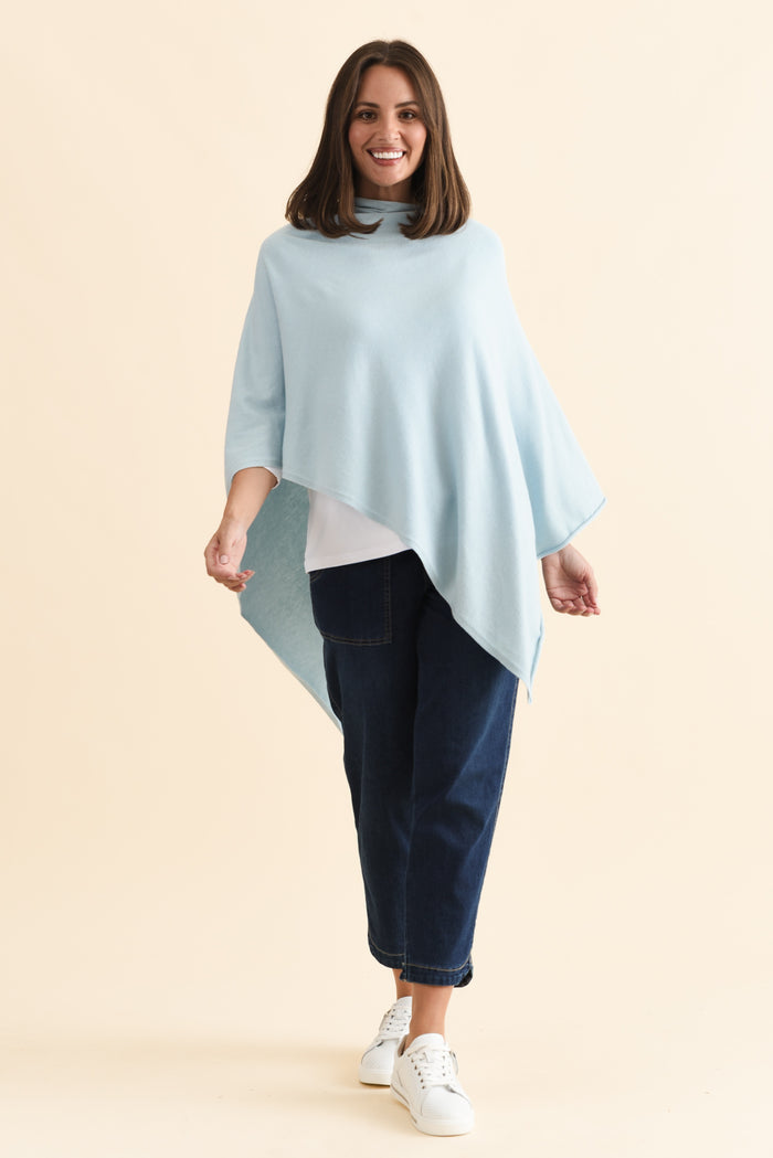 Amy Sky Blue Wool Blend Poncho,Brunette model,alt text|model:MJ