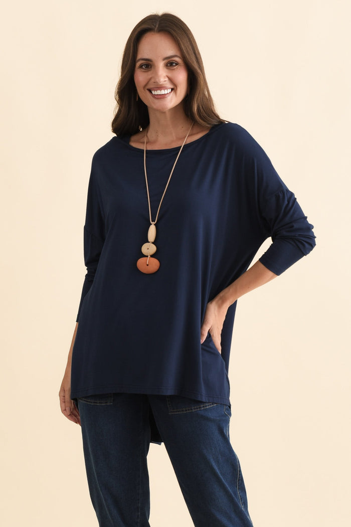 Anakin Navy Hi Lo Bamboo Top,Brunette model,alt text|model:MJ