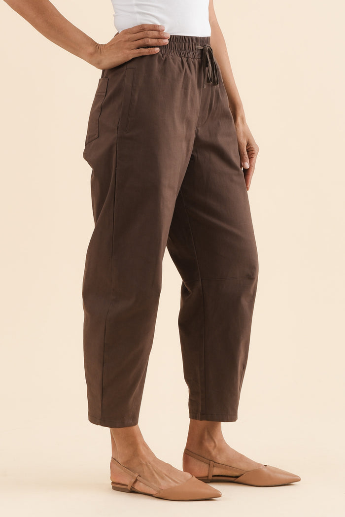 Andy Chocolate Cotton Cropped Barrel Pants,Side,Brunette model,alt text|model:Cara