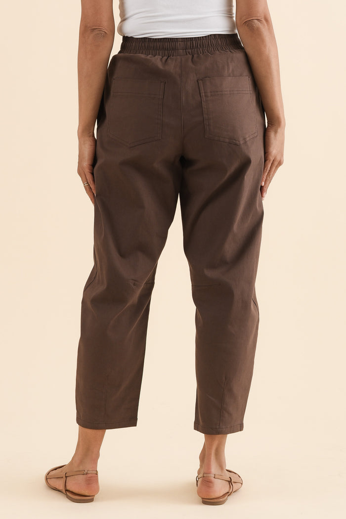 Andy Chocolate Cotton Cropped Barrel Pants,Back,Brunette model,alt text|model:Cara