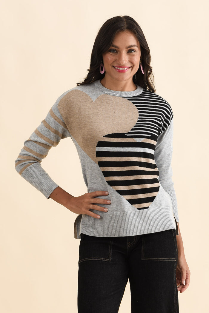Anju Grey Stripe Heart Knit Jumper,Brunette model,alt text|model:Brontie