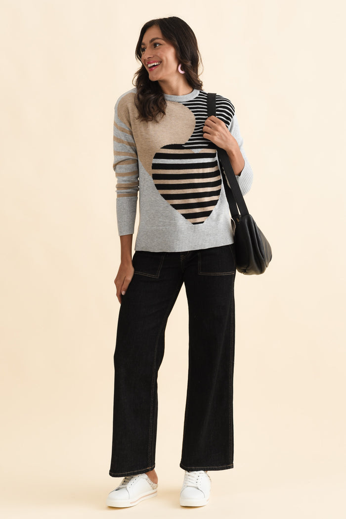 Anju Grey Stripe Heart Knit Jumper,Brunette model,alt text|model:Brontie