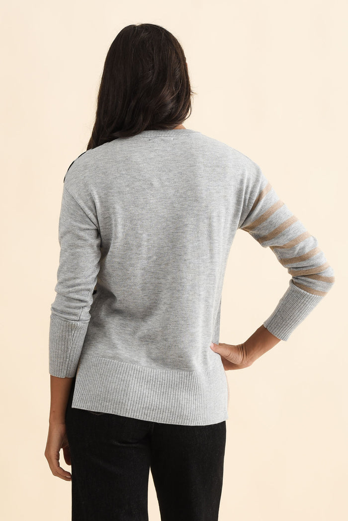 Anju Grey Stripe Heart Knit Jumper,Brunette model,alt text|model:Brontie