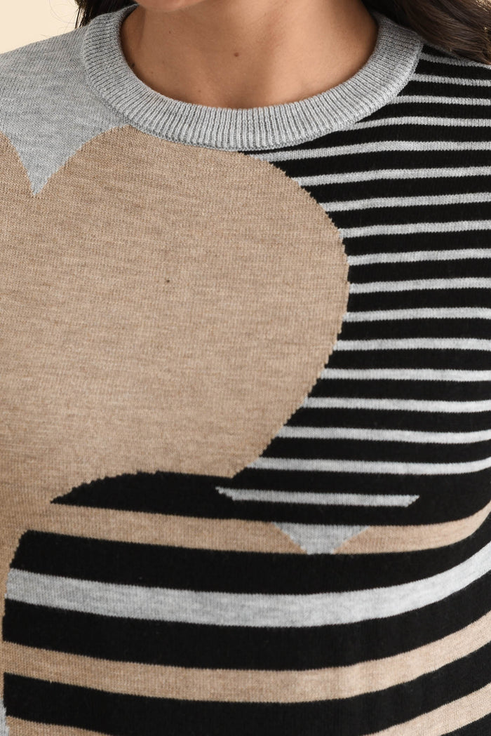 Anju Grey Stripe Heart Knit Jumper,Brunette model,alt text|model:Brontie