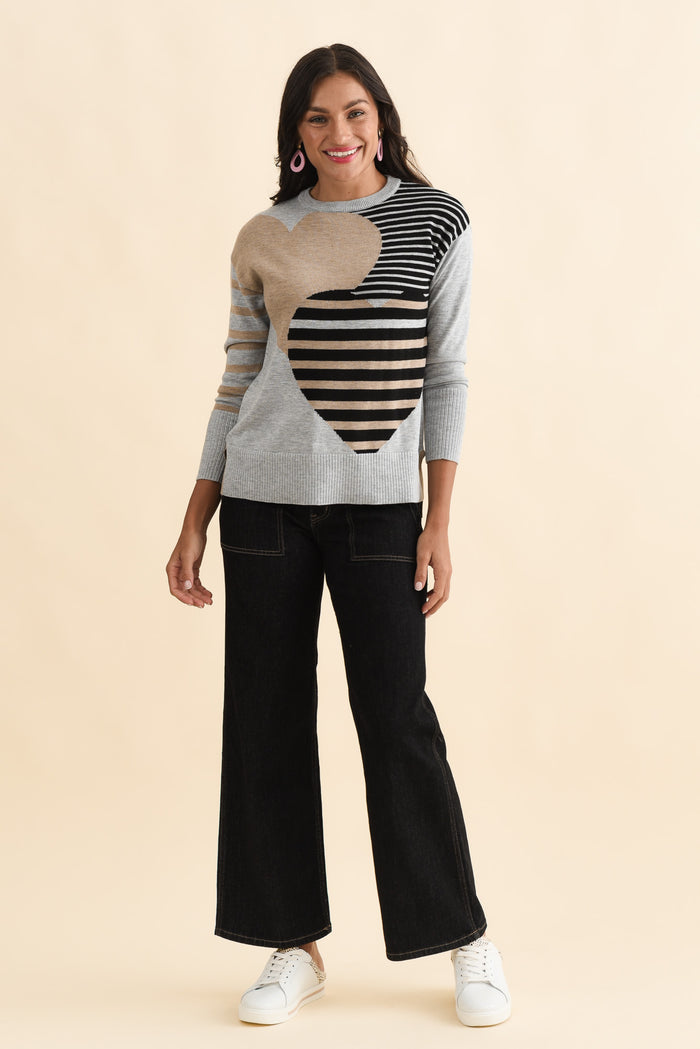Anju Grey Stripe Heart Knit Jumper,Brunette model,alt text|model:Brontie